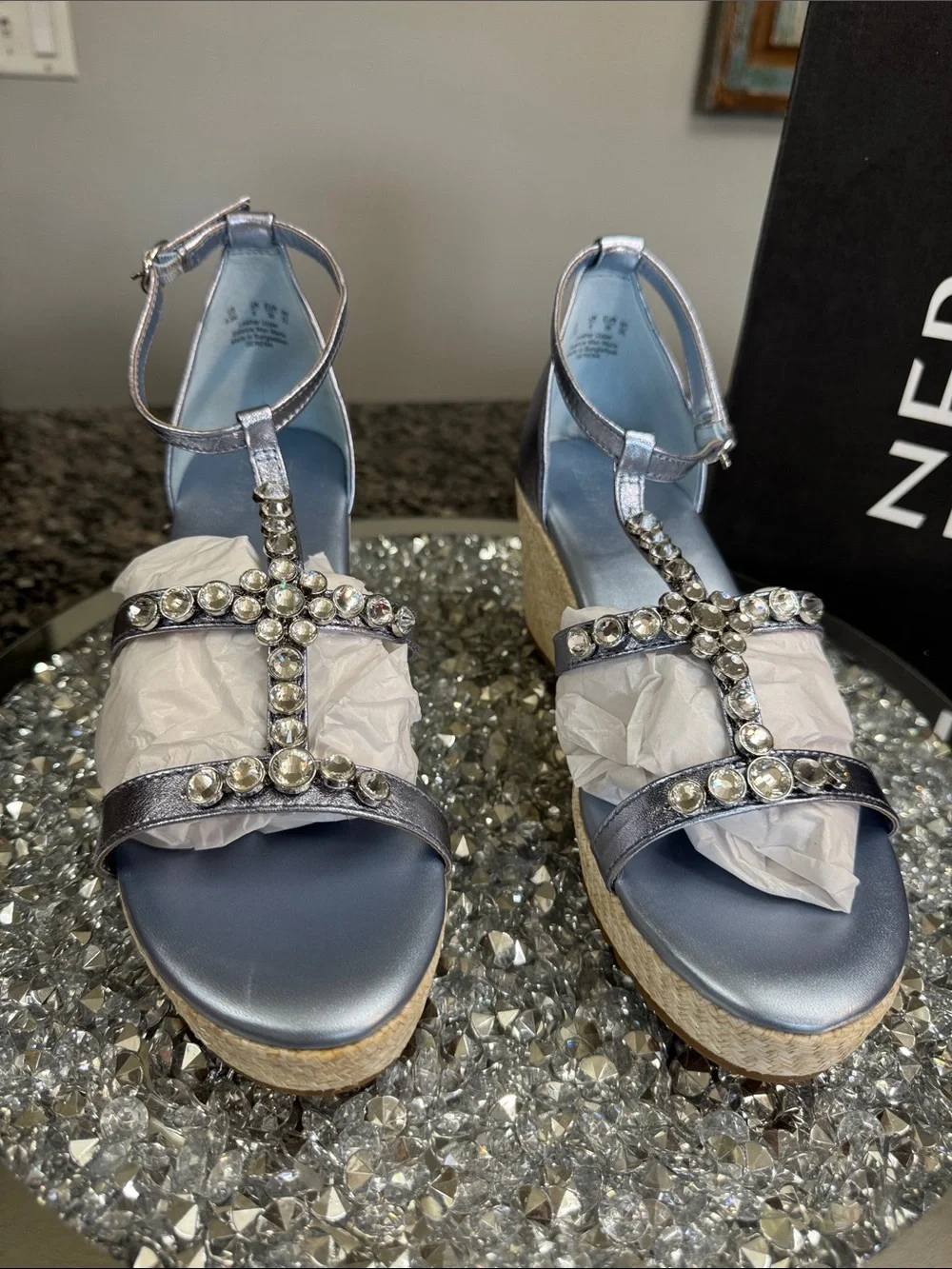 Naturalizer Serena Metallic blue Silver Jeweled Wedge Sandals NEW 8.5